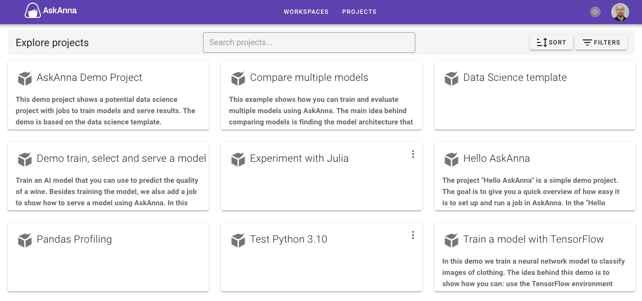 Explore projects and workspaces at AskAnna