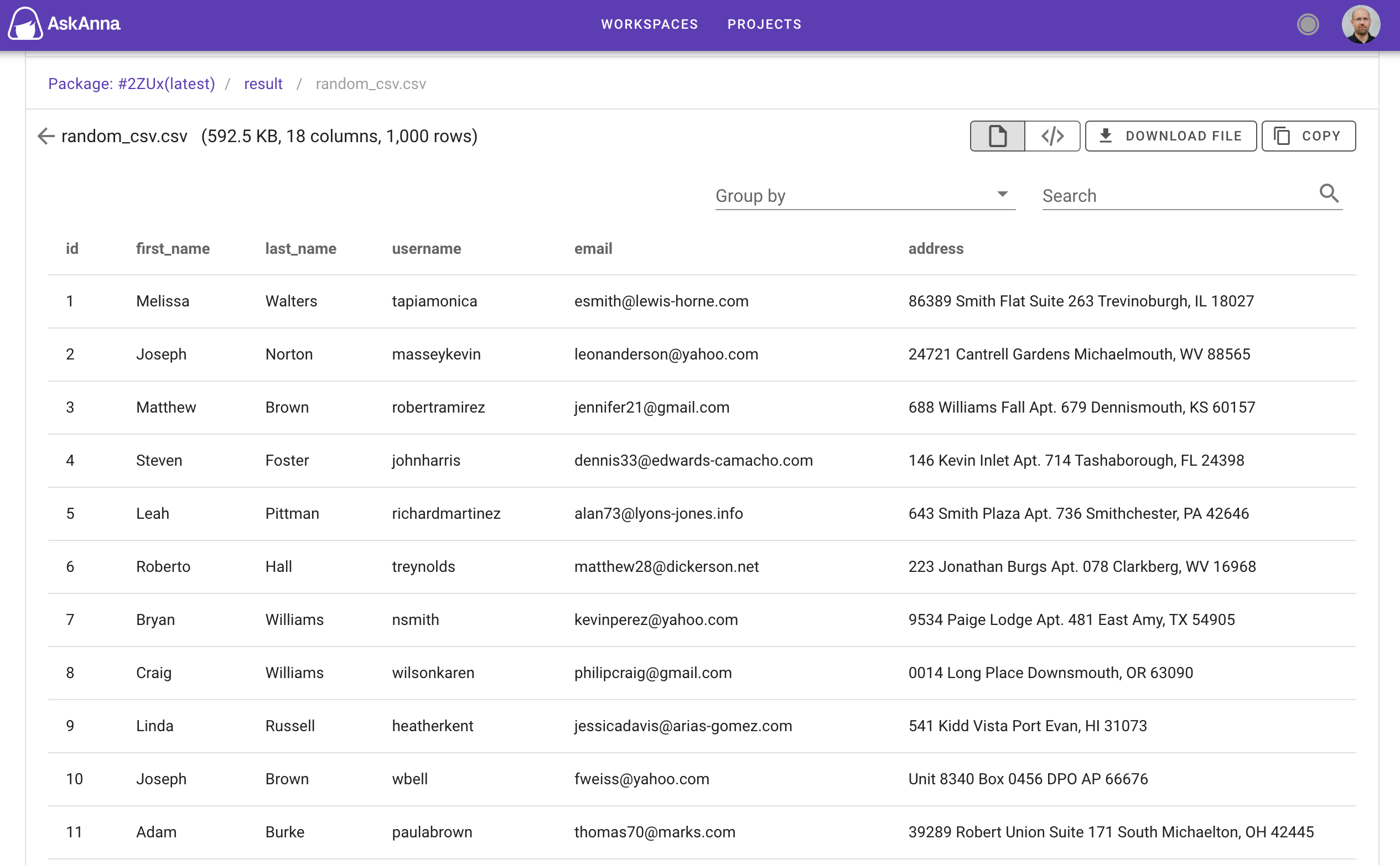 Viewing CSV files in AskAnna